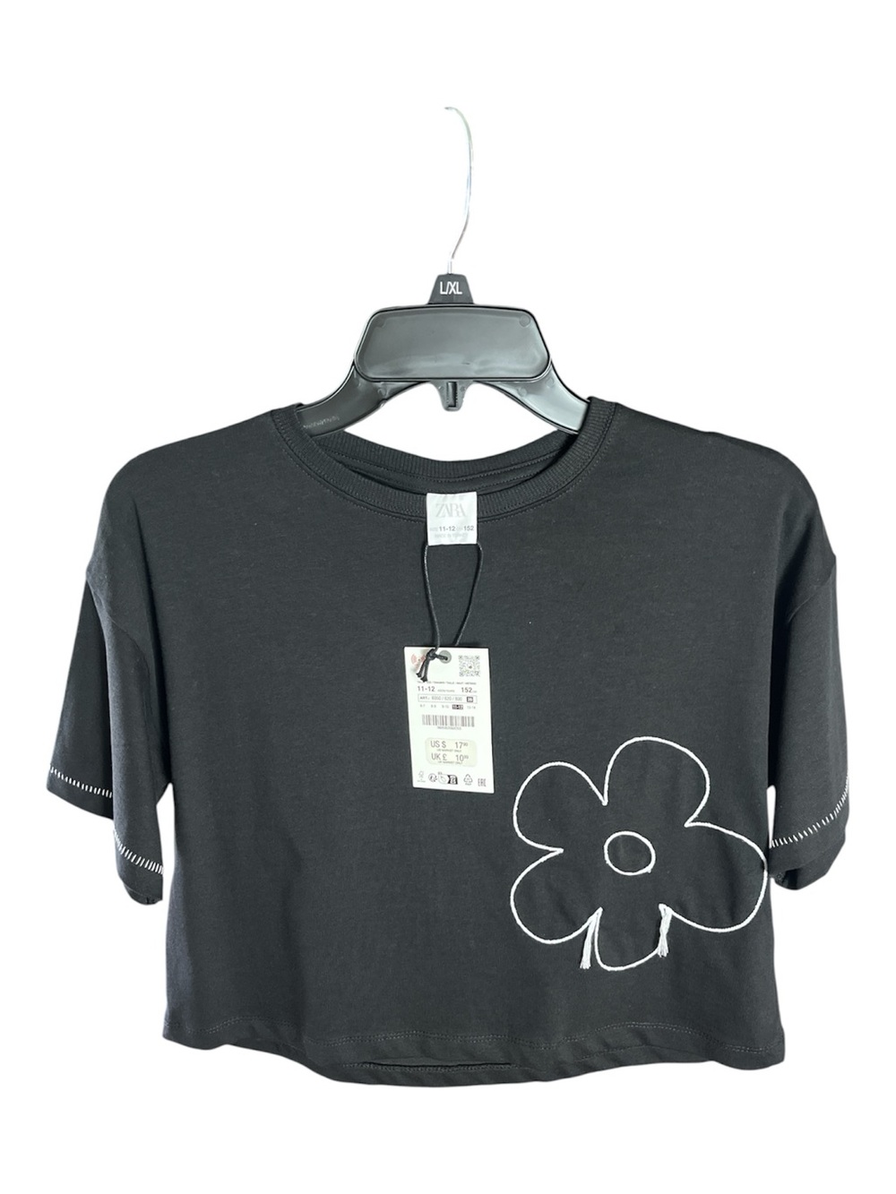 NWT Zara Kids Girl Black Cropped T-Shirt Daisy Flower Size 11-12 Yrs 152cm